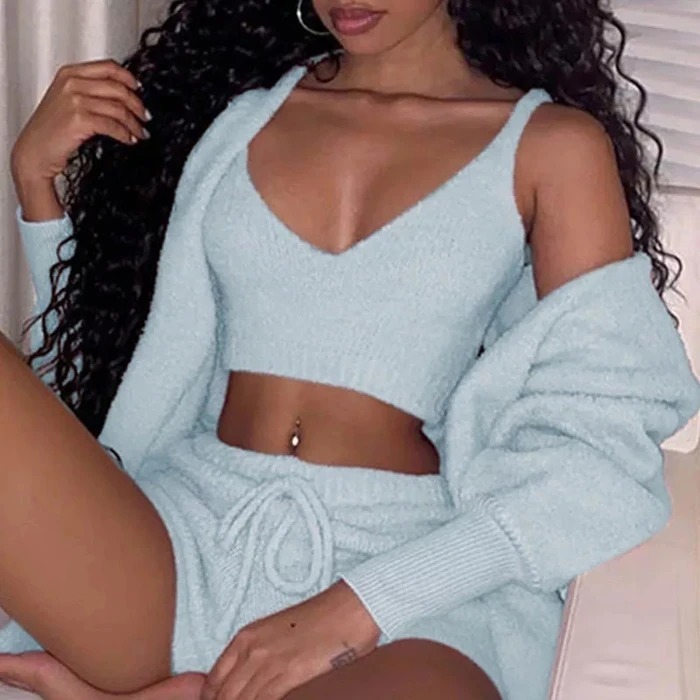 3pcs Womens Long Sleeve + Crop Tank Top And Drawstring Shorts Pajama Set - Image 4