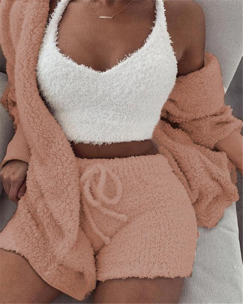 3pcs Womens Long Sleeve + Crop Tank Top And Drawstring Shorts Pajama Set - Image 6