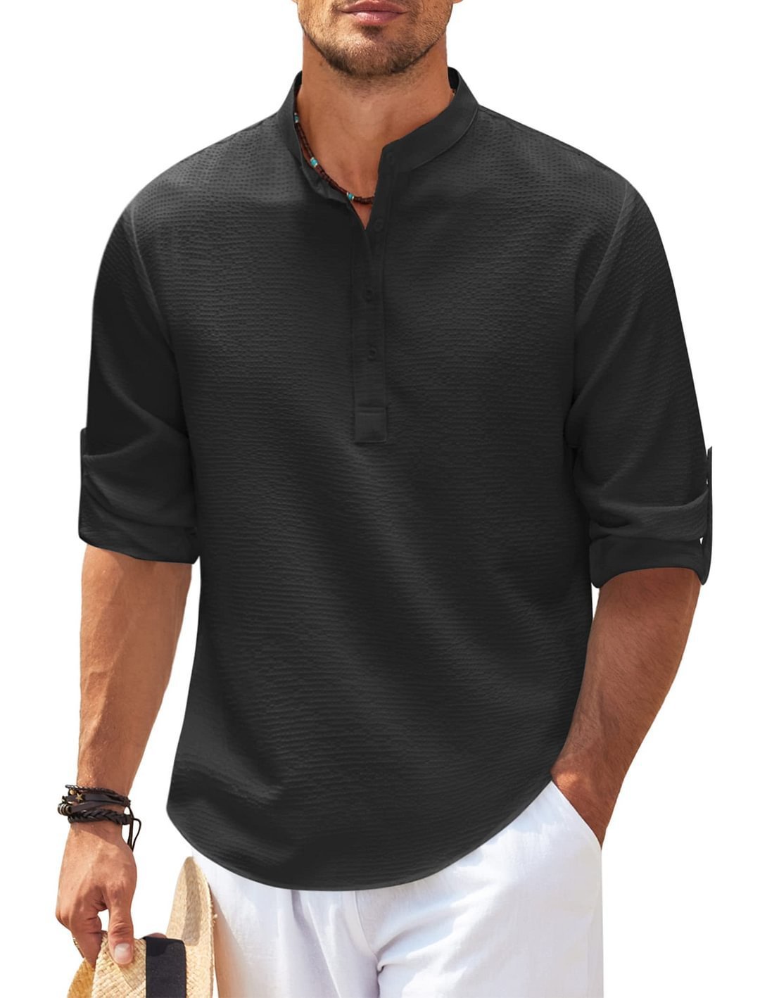 Men's Casual Long Sleeve Stand Collar Shirt . - Image 8