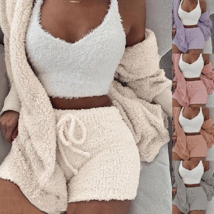 3pcs Womens Long Sleeve + Crop Tank Top And Drawstring Shorts Pajama Set