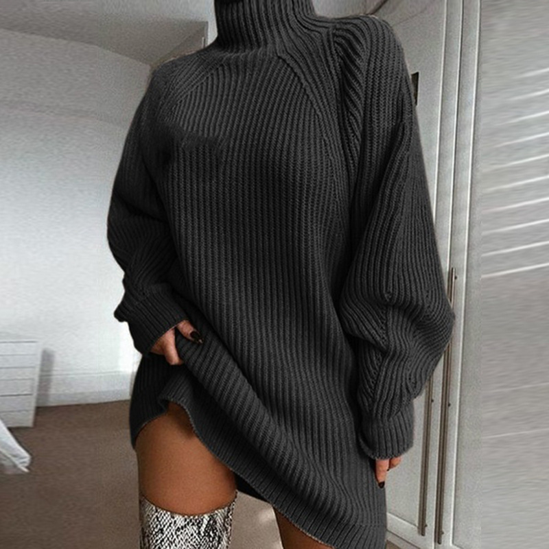 Solid Turtleneck Long Women Sweater - Image 5