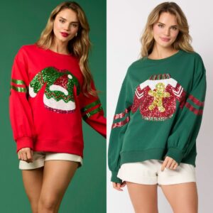 Women's Christmas Sequined Round Neck Top .