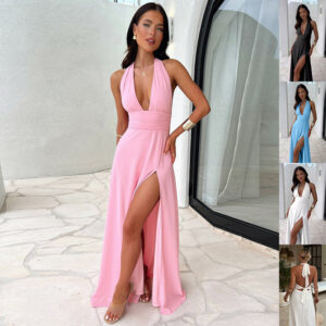 Backless Strappy & Sexy Halterneck V-neck Slit Dress