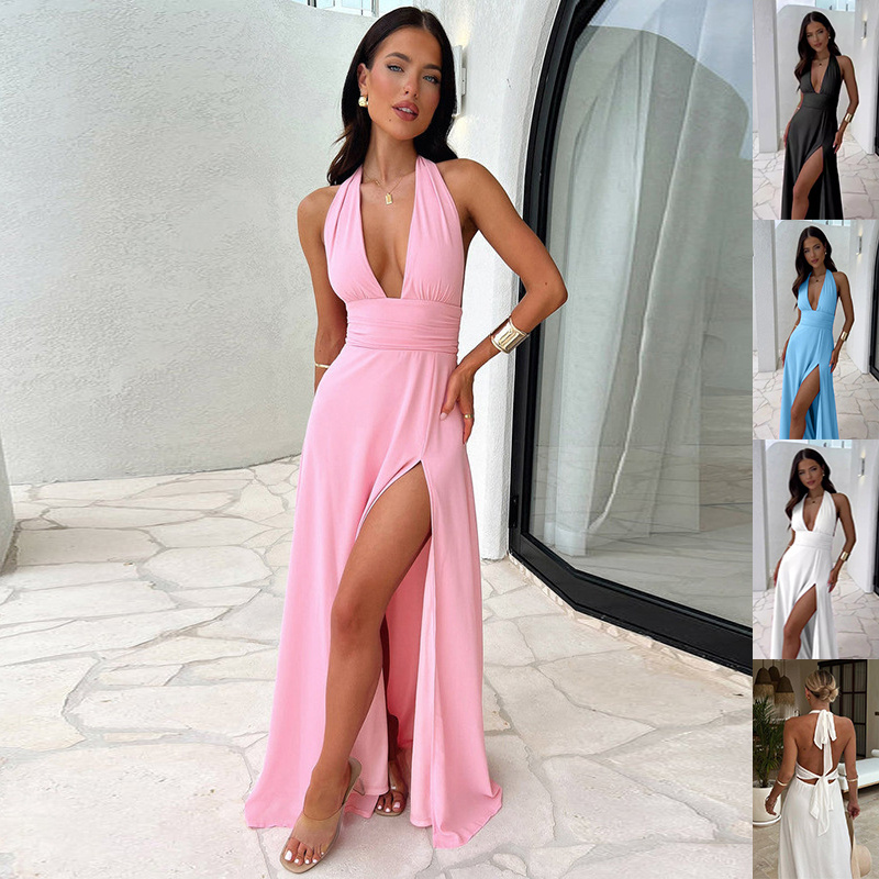 Backless Strappy & Sexy Halterneck V-neck Slit Dress