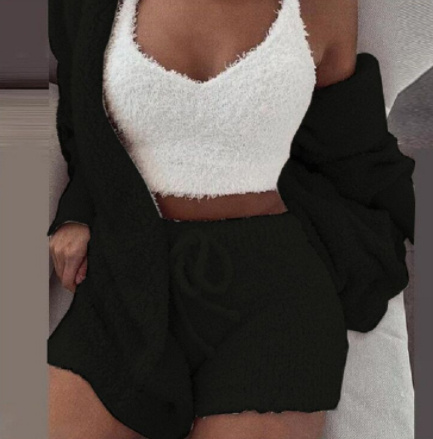 3pcs Womens Long Sleeve + Crop Tank Top And Drawstring Shorts Pajama Set - Image 5