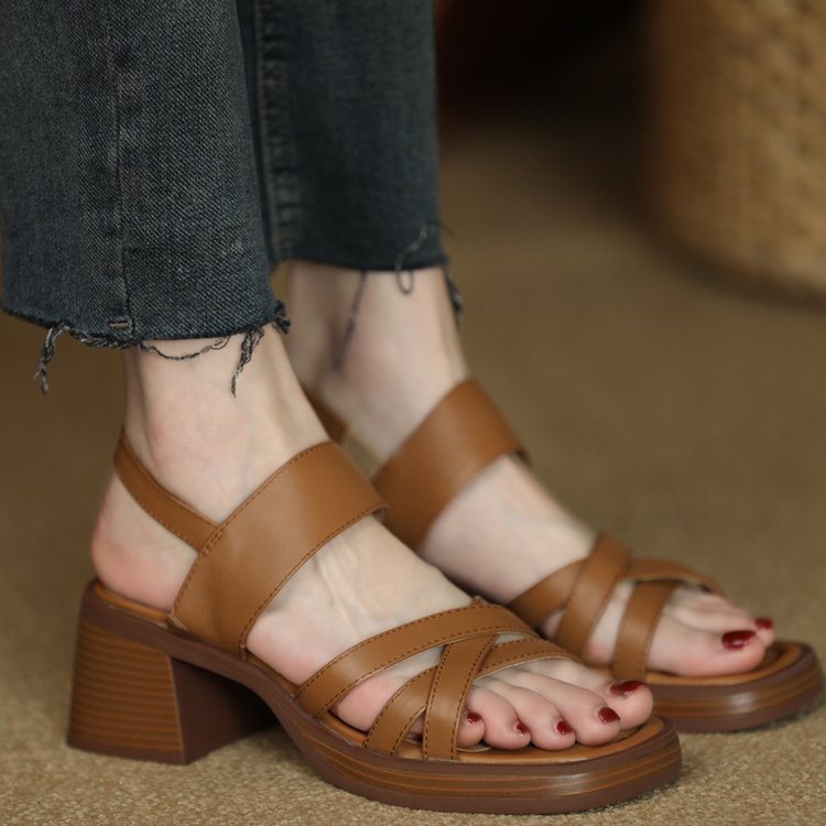 Retro Open-toe Chunky-heel Sandals For Women