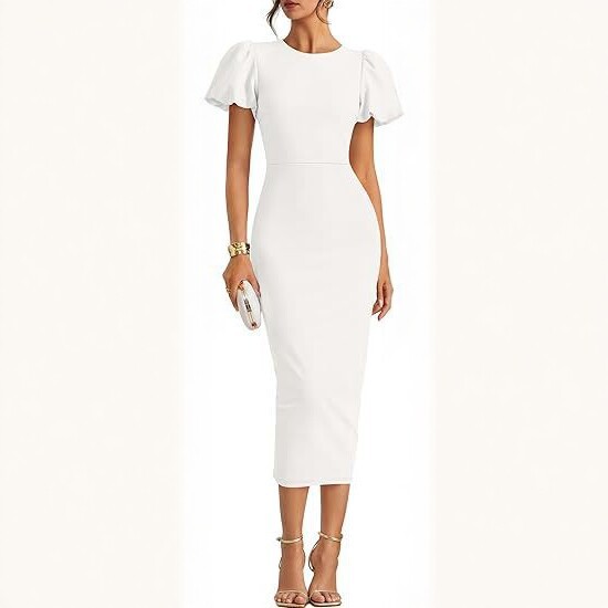 Puff-sleeved Slim-fit Sheath Dress . - Image 3