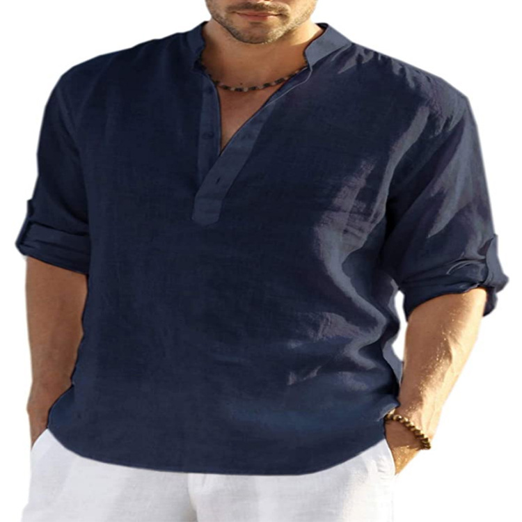 Men's Solid Cotton Casual Long Sleeve Shirt - Image 3
