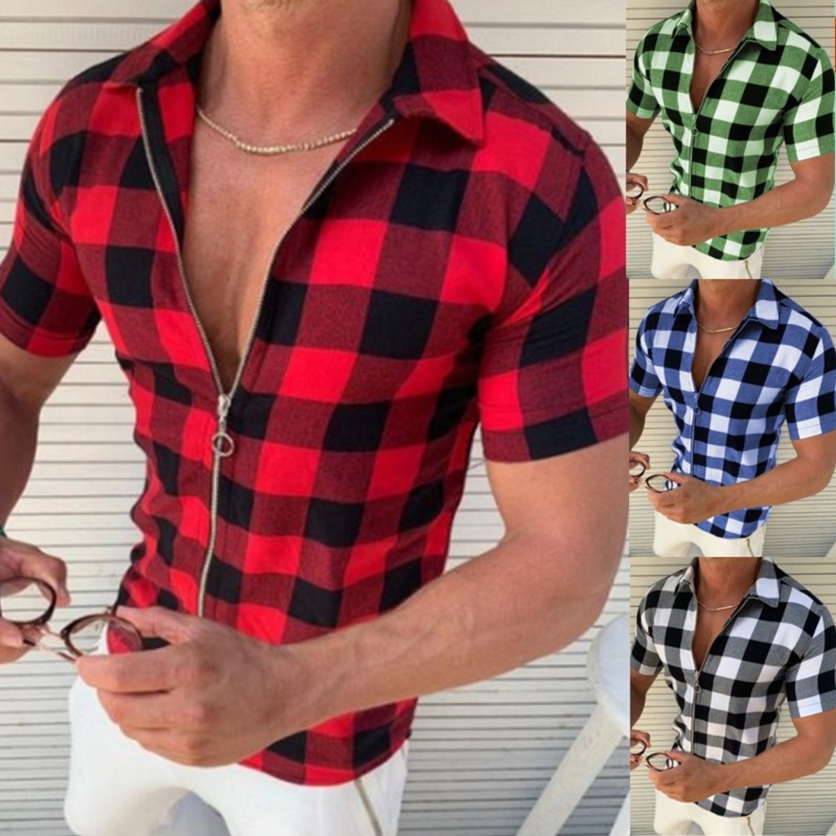 Plaid Zipper Summer Short Sleeves For Men