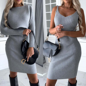 2pcs Suit Women's Hanging strap Long-sleeved Top And Tight Suspender Skirt