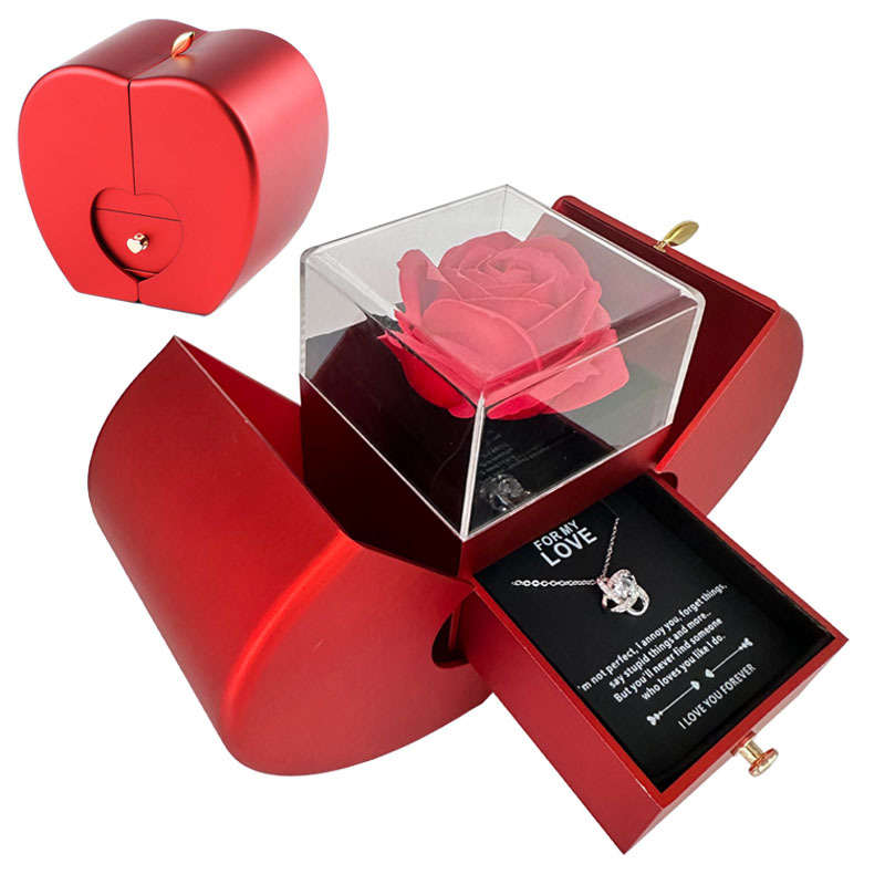 Red Apple Gift Necklace With Artificial Rose Flower Jewelry Box