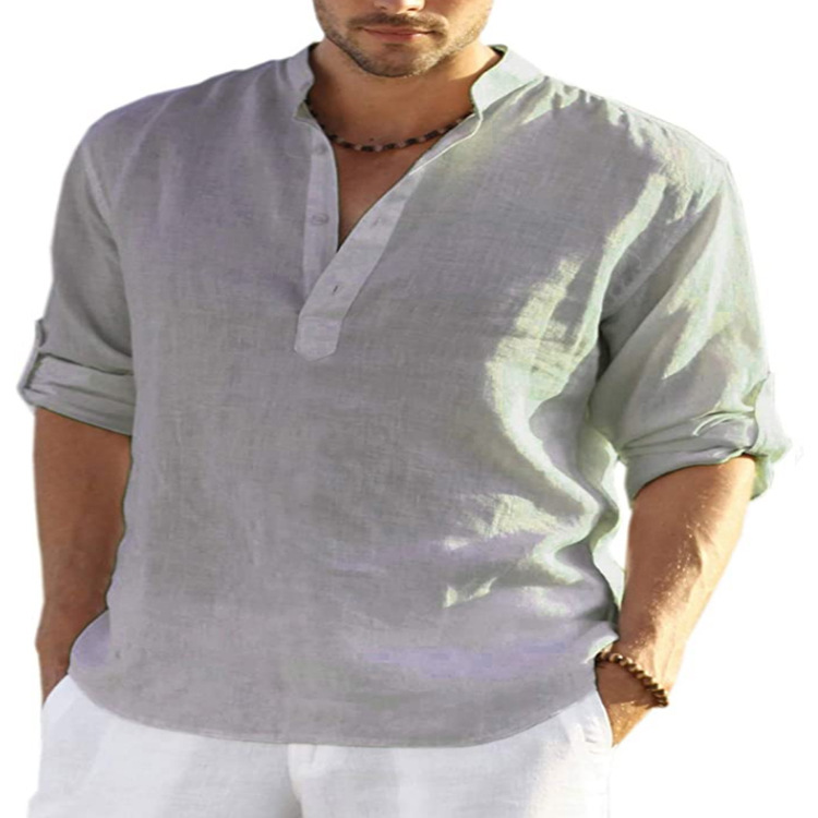 Men's Solid Cotton Casual Long Sleeve Shirt - Image 7