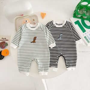 Striped Dinosaur-embroidered Baby Jumpsuit