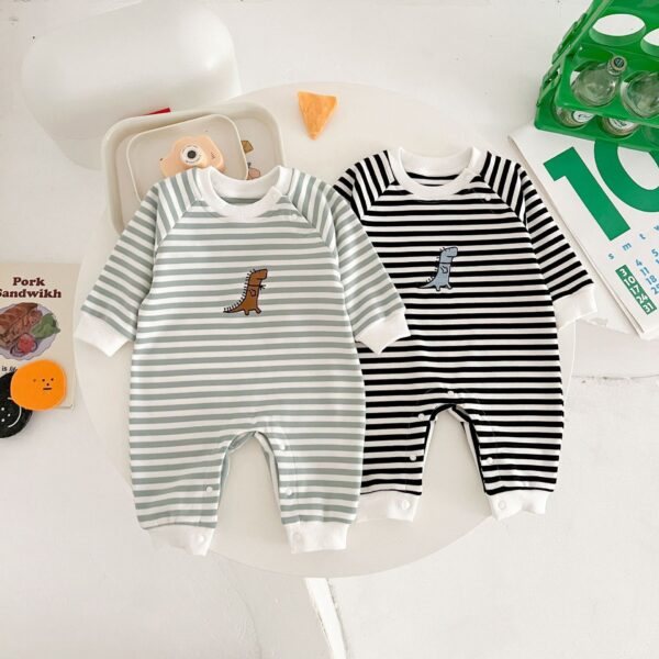 Striped Dinosaur-embroidered Baby Jumpsuit